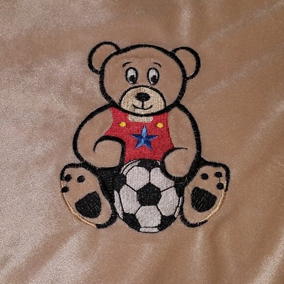 RN 130937 Teddy Bear Soccer Ball Brown Fleece Baby Blanket Lovey Security Red - Picture 2 of 6